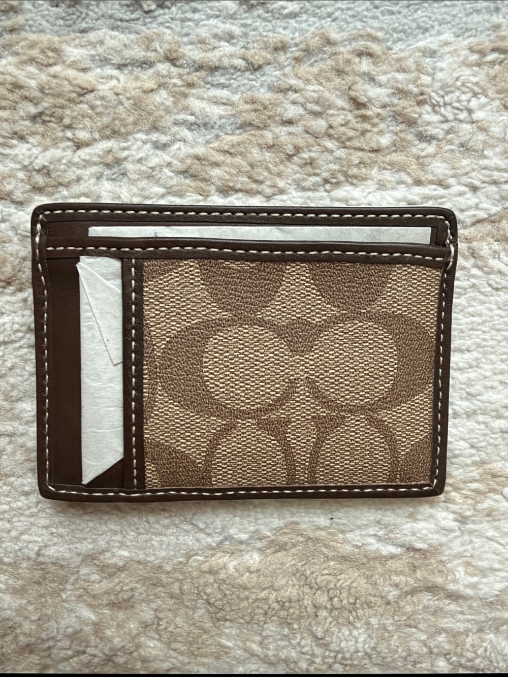 Coach Brown Signature Canvas & Leather Card Holder - Men’s Heritage Stripe